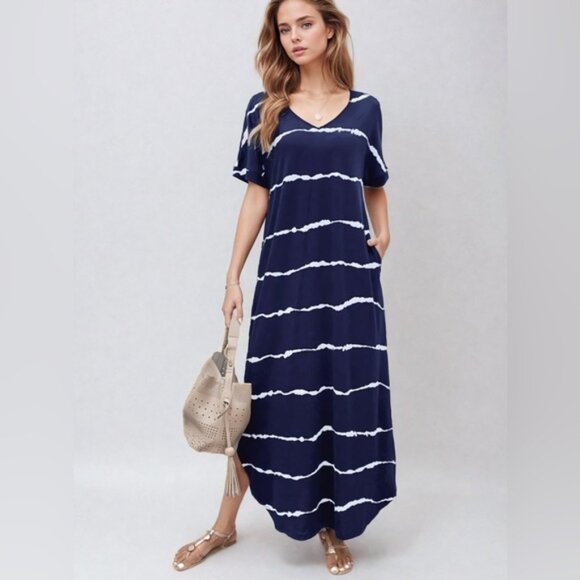 Blue Tie Dye Striped Curved Hem Tee Dress With Pockets - Picture 1 of 5